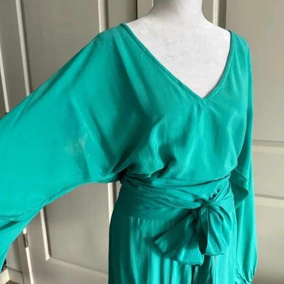 Alexis Teal Blue 100% Silk Long Sleeve Midi Dress with Beaded Sash Belt Size L - Picture 3 of 12